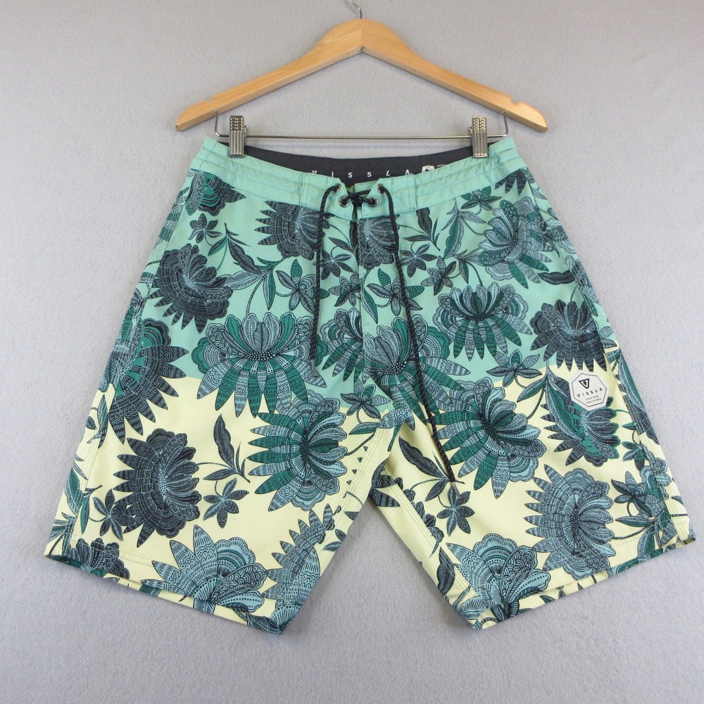 Vissla Board Shorts Mens 29 Teal‎ Cream Floral Coconut Poly Stretch Surf Swim